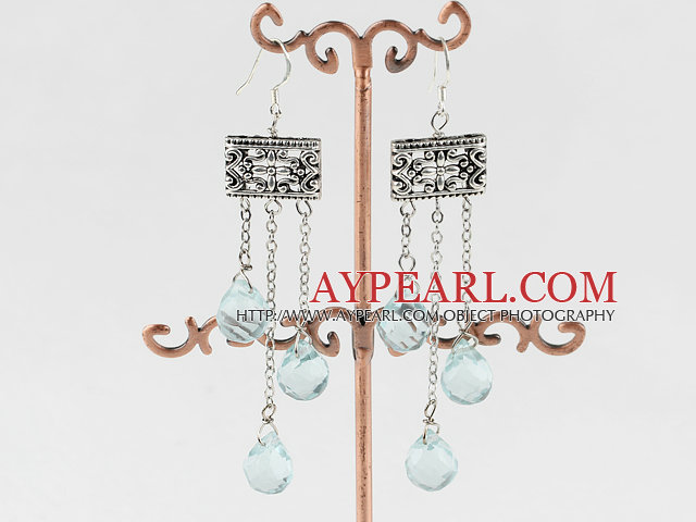 Elegant Long Style Teardrop Blue Quartz Loop Link Dangle Earrings With Engraved Square Metal Charm