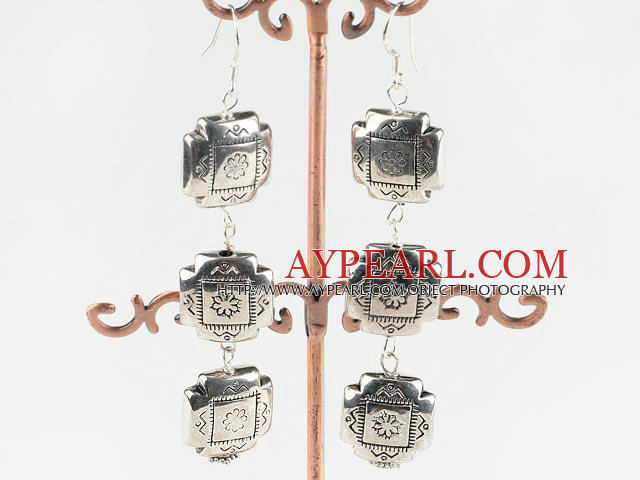 Fashion Cross Shape Ccb Silver Like Printed Flower Charm Earrings