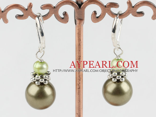 Lovely Green Series Freshwater Pearl And Round Sea Shell Bead Metal Charm Earrings With Lever Back Hook