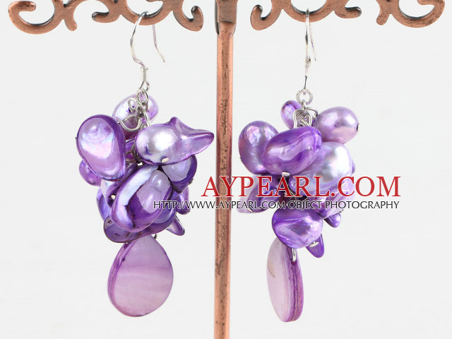 Nice Cluster Style Purple Freshwater Blister Pearl And Purple Shell Drop Earrrings