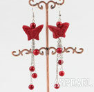 Lovely Red Butterfly Cinnaba And Bloodstone Dangle Earrings With Fish Hook