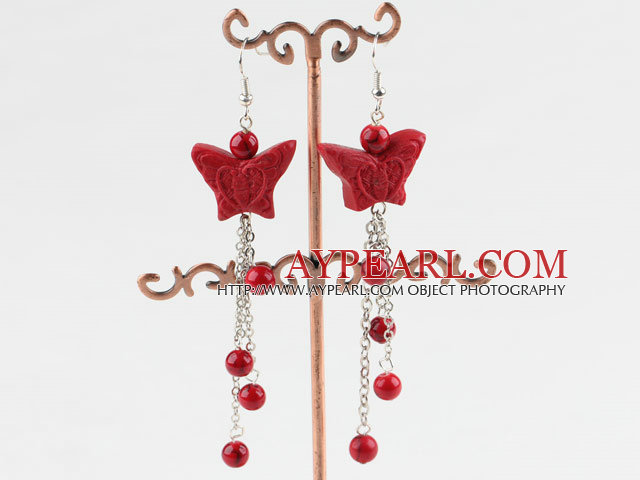 Lovely Red Butterfly Cinnaba And Bloodstone Dangle Earrings With Fish Hook