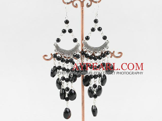 Elegant Round And Teardrop Black Crystal Charm Earrings With Fish Hook