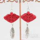 Fashion Engraved Cinnaba And Bloodstone Leaf Charm Dangle Earrings With Fish Hook