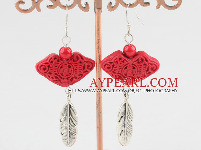 Fashion Engraved Cinnaba And Bloodstone Leaf Charm Dangle Earrings With Fish Hook