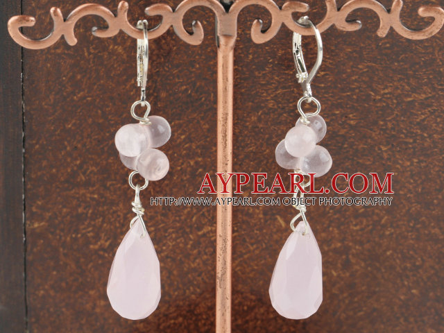 Fashion Round And Teardrop Rose Quartz Dangle Earrings With Lever Back Hook