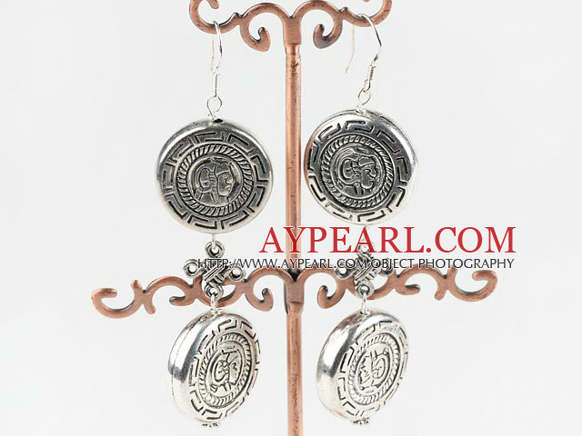 Fashion Caky Shape Ccb Silver Like Engraved Charm Earrings