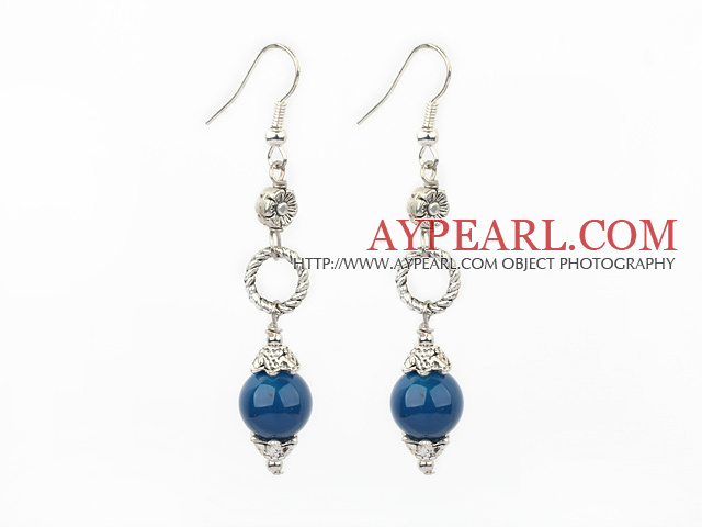 Long Style Blue Round Agate Ball And Loop Flower Metal Charm Dangle Earrings