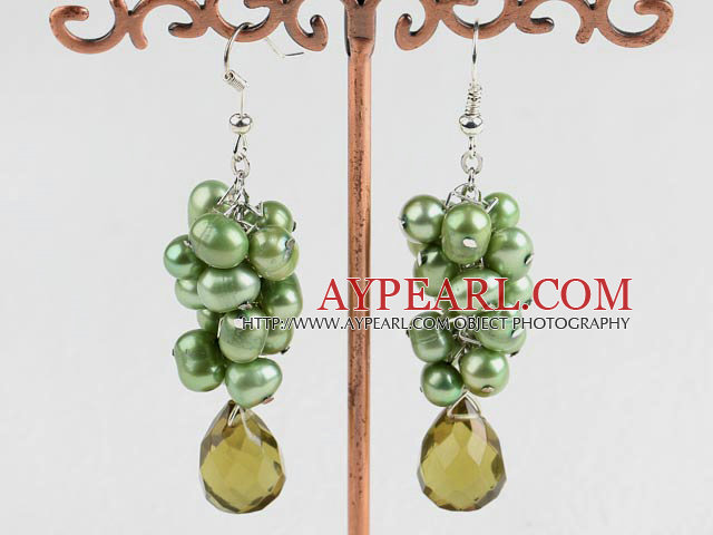 Nice Green Freshwater Pearl And Teardrop Smoky Color Crystal Cluster Earrings