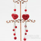 Fashion Heart Shape Red Cinnaba And Round Bloodstone Dangle Earrings