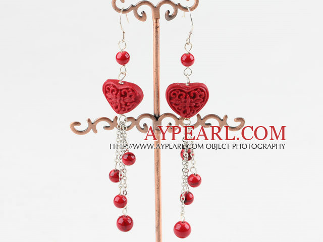 Fashion Heart Shape Red Cinnaba And Round Bloodstone Dangle Earrings