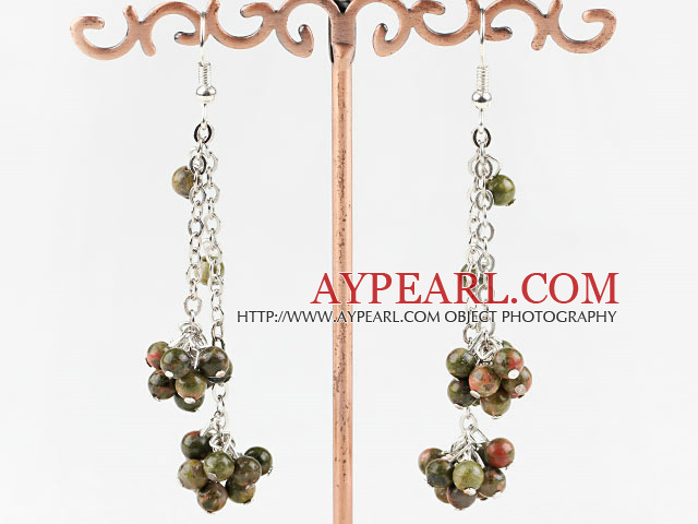 Long Style Green Piebald Stone Dangle Earrings 