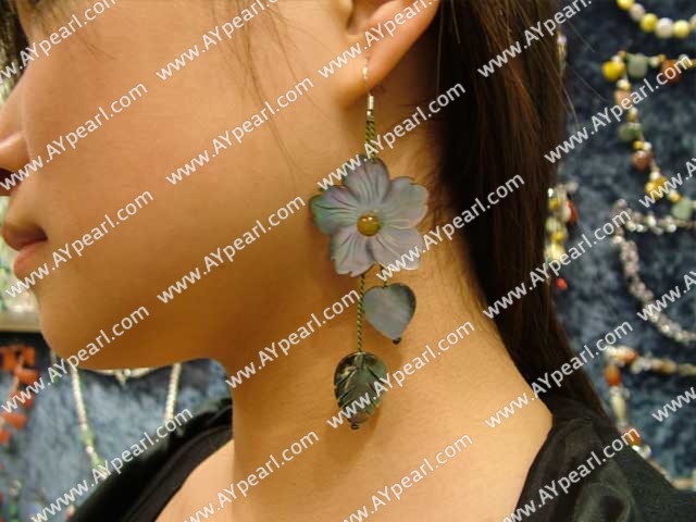 Wonderful Flower Heart And Leaf Shape Black Lip Shell Threaded Dangle Earrings With Fish Hook