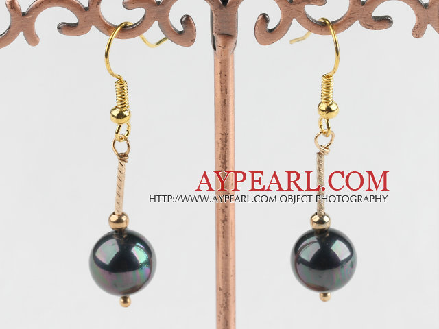 Nice Round Black Seashell And Golden Stick Drop Earrings With Golden Fish Hook