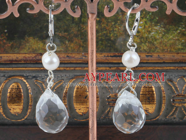 Nice White Freshwater Pearl And Transparent Teardrop Crystal Earrings With Lever Back Hook