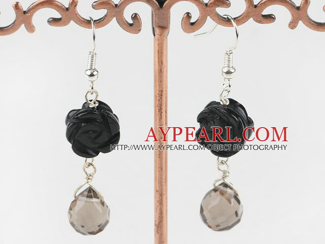 Lovely Flower Stone And Teardrop Smoky Quartz Dangle Earrings With Fish Hook