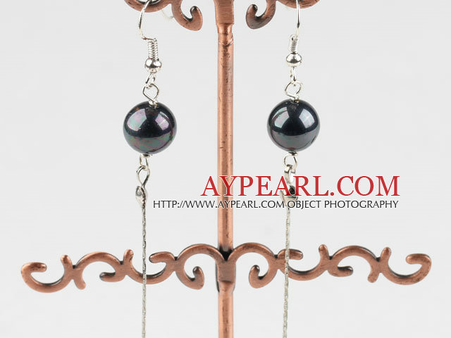 Simple Long Chain Loop Style Round Black Seashell Pearl Earrings With Fish Hook