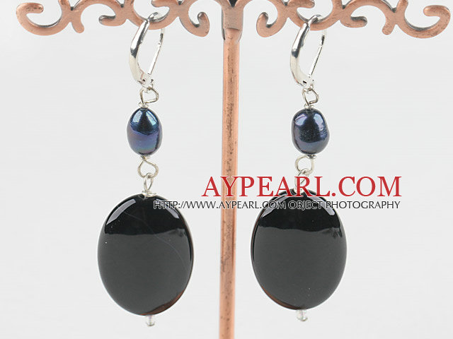 Fashion Black Oval Shape Agate And Black Freshwater Pearl Drop Earrings With Lever Back Hook