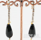 Fashion Teardrop Black Agate Loop Earrings With Golden Wired Rhinestone Hoop Earwires