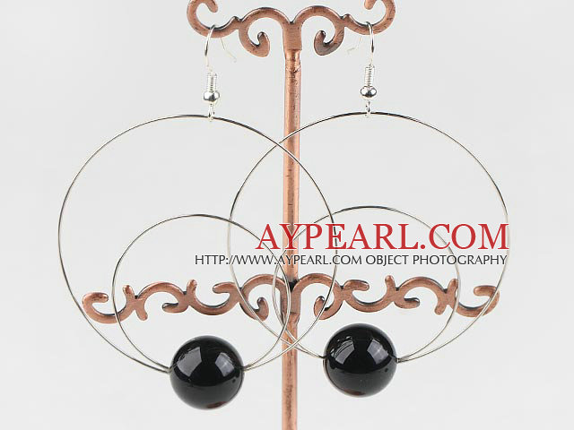 Fashion Large-Diameter Round Obsidian Wired Double Hoop Earrings With Fish Hook 