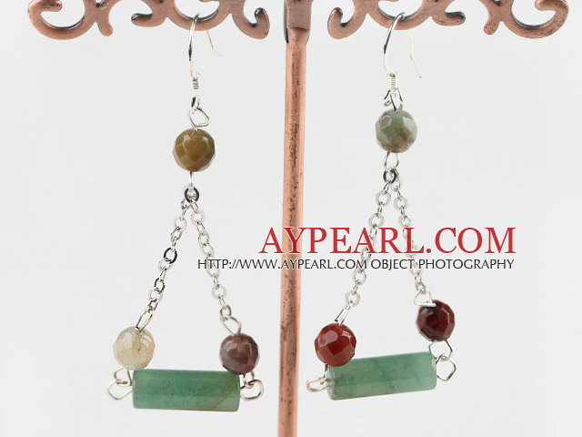 Nice Long Style Cylinder Aventurine And Faceted Indian Agate Loop Link Dangle Earrings