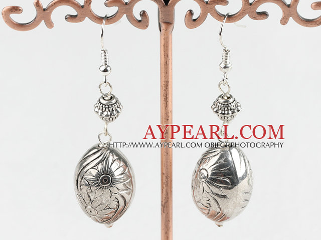 Lovely Oval Ccb Silver Like Engraved Charm Earrings With Fish Hook