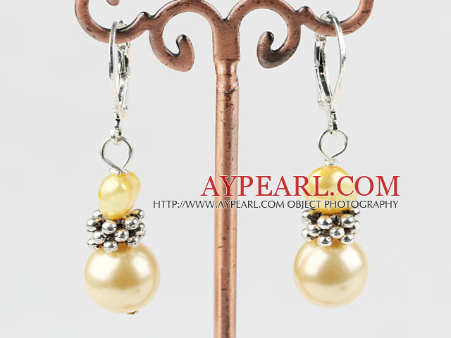 Lovely Yellow Series Freshwater Pearl And Round Sea Shell Bead Metal Charm Earrings With Lever Back Hook