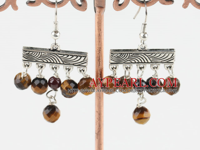 Lovely Vintage Chandelier Tiger Eye Stone Dangle Earrings With Fish Hook