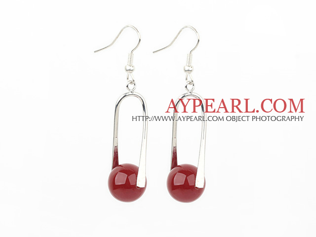 Nice 12Mm Round Red Agate Ball And Twisted Loop Dangle Earrings With Fish Hook