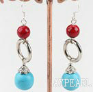 Lovely Blue Turquoise And Bloodstone Loop Donut Shape Charm Earrings With Fish Hook