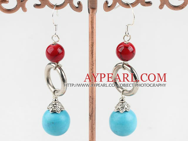 Lovely Blue Turquoise And Bloodstone Loop Donut Shape Charm Earrings With Fish Hook