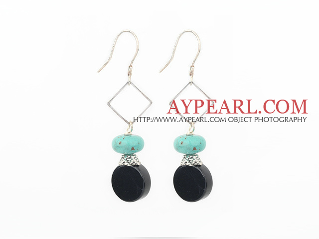 Fashion Blue Turquoise And Black Flat Round Agate Loop Dangle Earrings