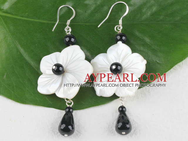 Lovely White Shell Flower And Round Teardrop Shape Black Agate Dangle Earrings With Fish Hook