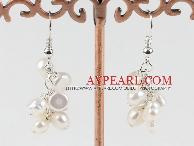 Lovely Cluster Loop Style White Freshwater Pearl Dangle Earrings With Fish Hook