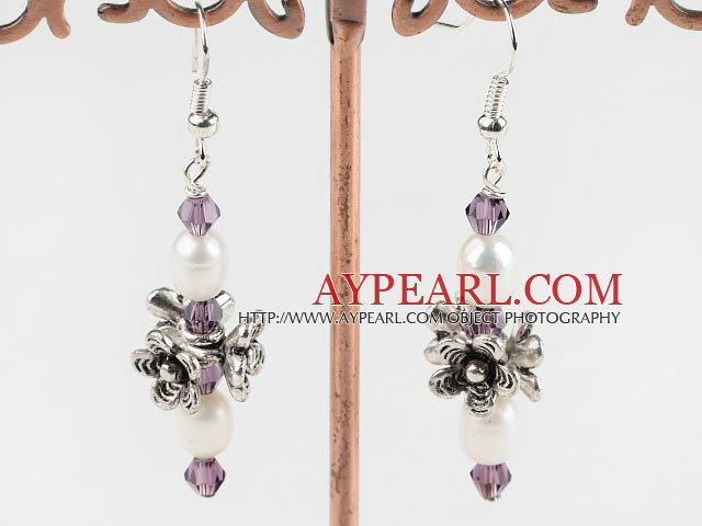 white pearl and amethyst charm style earrings