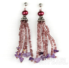 新しいスタイルの紫色の赤い真珠と水晶のイヤリング