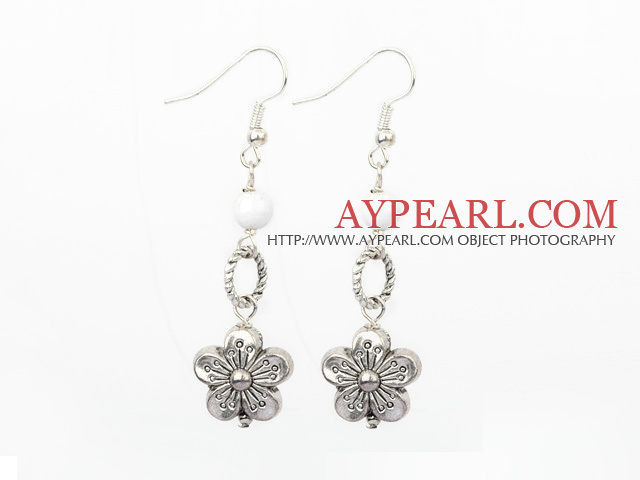 Lovely White Round Porcelain And Loop Tibet Silver Flower Dangle Earrings