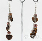 brown pearl and heart shape tiger eye earrings