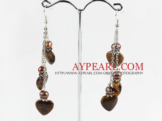 brown pearl and heart shape tiger eye earrings