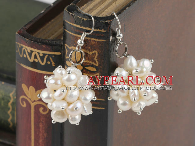 Beautiful Cluster Style White Freshwater Pearl Dangle Earrings With Fish Hook