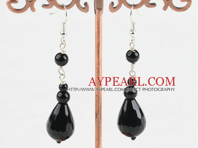 Fashion Round And Teardrop Black Agate Loop Dangle Earrings With Fish Hook