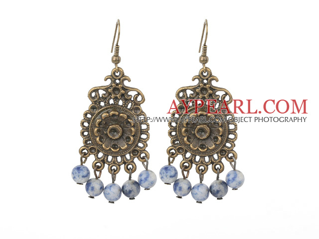 Fashion Vintage Style 6Mm Round Sodalite Stone Earrings With Bronze Engraved Flower Charm