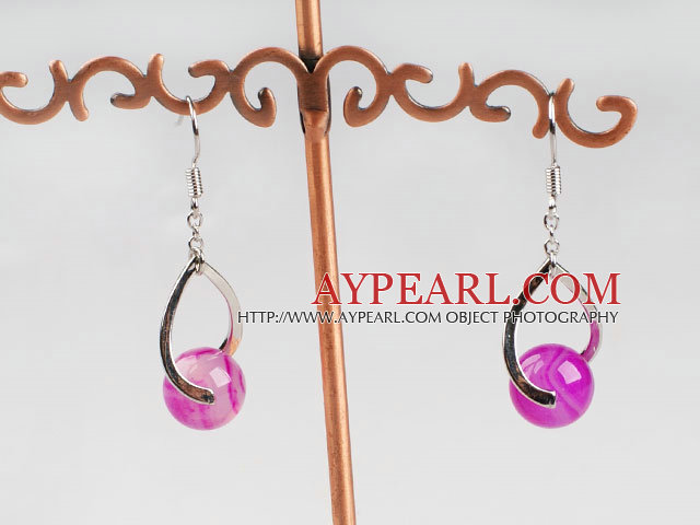 Lovely Round Pink Agate And Twisted Loop Charm Dangle Earrings With Fish Hook