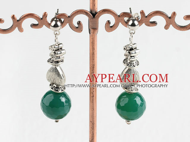 Fashion 12Mm Faceted Green Agate Ball And Heart Metal Charm Studs Earrings 
