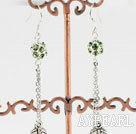 Long Chain Loop Style Manmade Green Diamond Ball And Leaf Charm Dangle Earrings