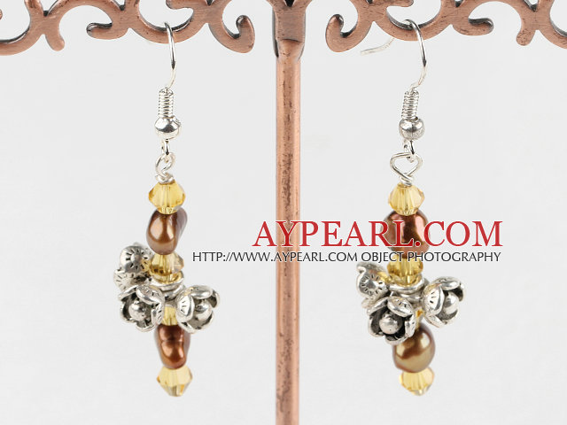 Lovely Gold Pearl And Champagne Color Crystal Metal Flower Charm Dangle Earrings