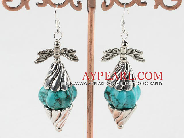 Fashion Pumpkin Shape Blue Turquoise And Cap Butterfly Silver Charm Dangle Earrings