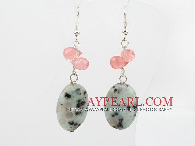 Lovely Cherry Quartz And Oval Shape Lazulite Dangle Earrings With Fish Hook