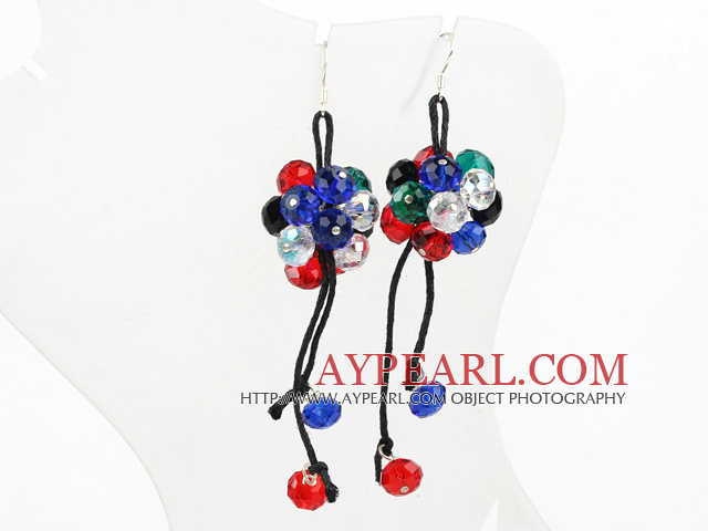 Lovely Multi Color Crystal Ball Cluster Hand Knotted Black Leather Dangle Earrings