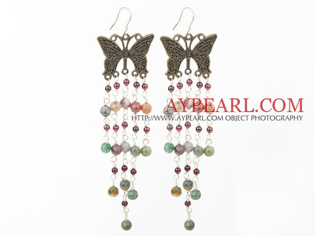 Beautiful Vintage Long Chain Loop Style Garnet And Indian Agate Dangle Earrings With Lovely Butterfly Bronze Charm